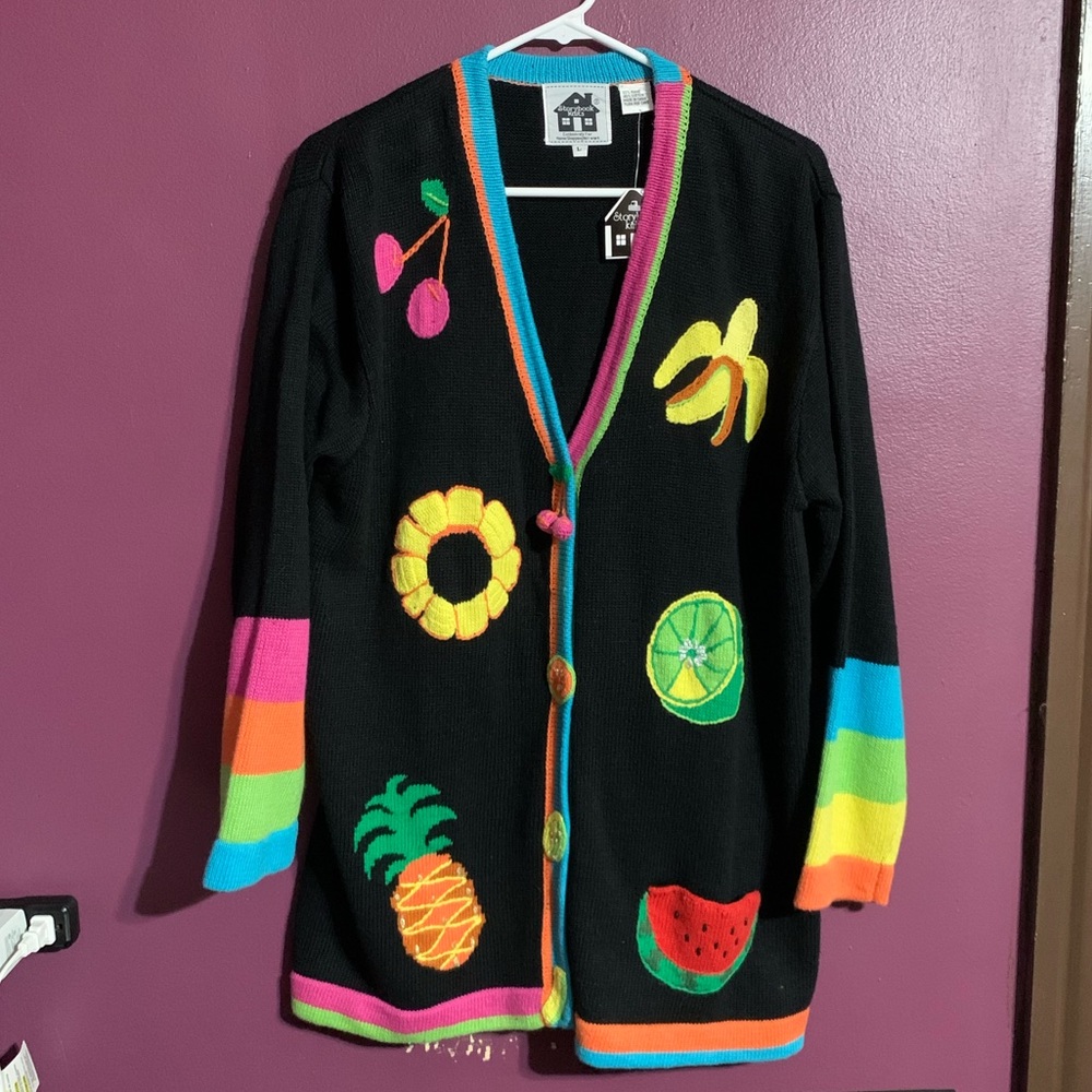 Vintage Storybook Knit Rainbow Fruit Sweater *Rare* size large
